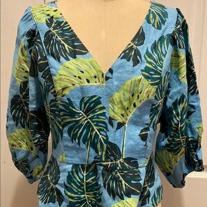 DRAPER JAMES Tropical Leaf Print linen V-Neck Top